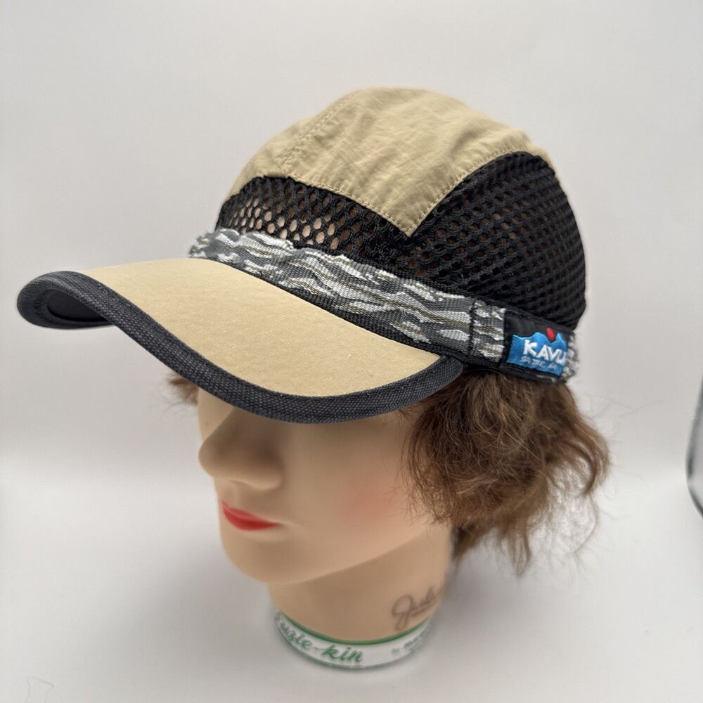 Kavu Hat Sz Sm Black Beige Mesh 5 Panel Trail Runner Hike Strapback USA Pyrite